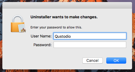 Enter your admin name and password to carry on unistalling Qustodio